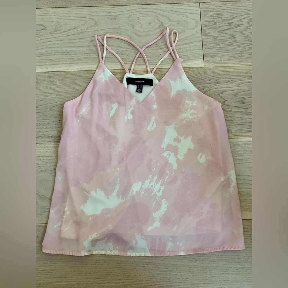 VERO MODA-Silk Pink and White Dyed V-neck, Size:XS